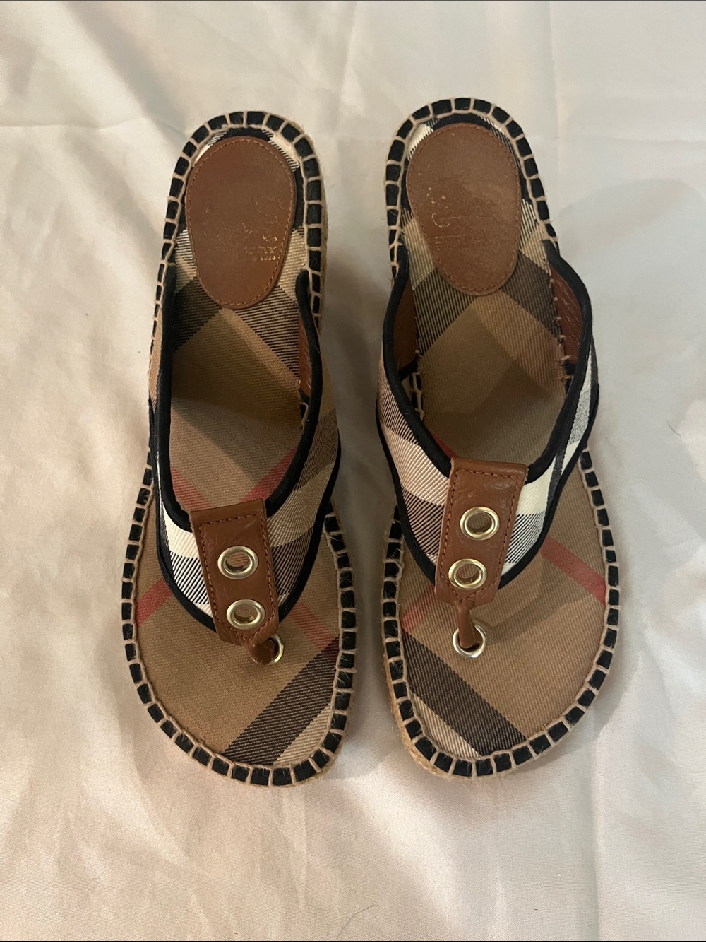 Burberry Tan and Brown Check Espadrille Thong/Wedge Sandals